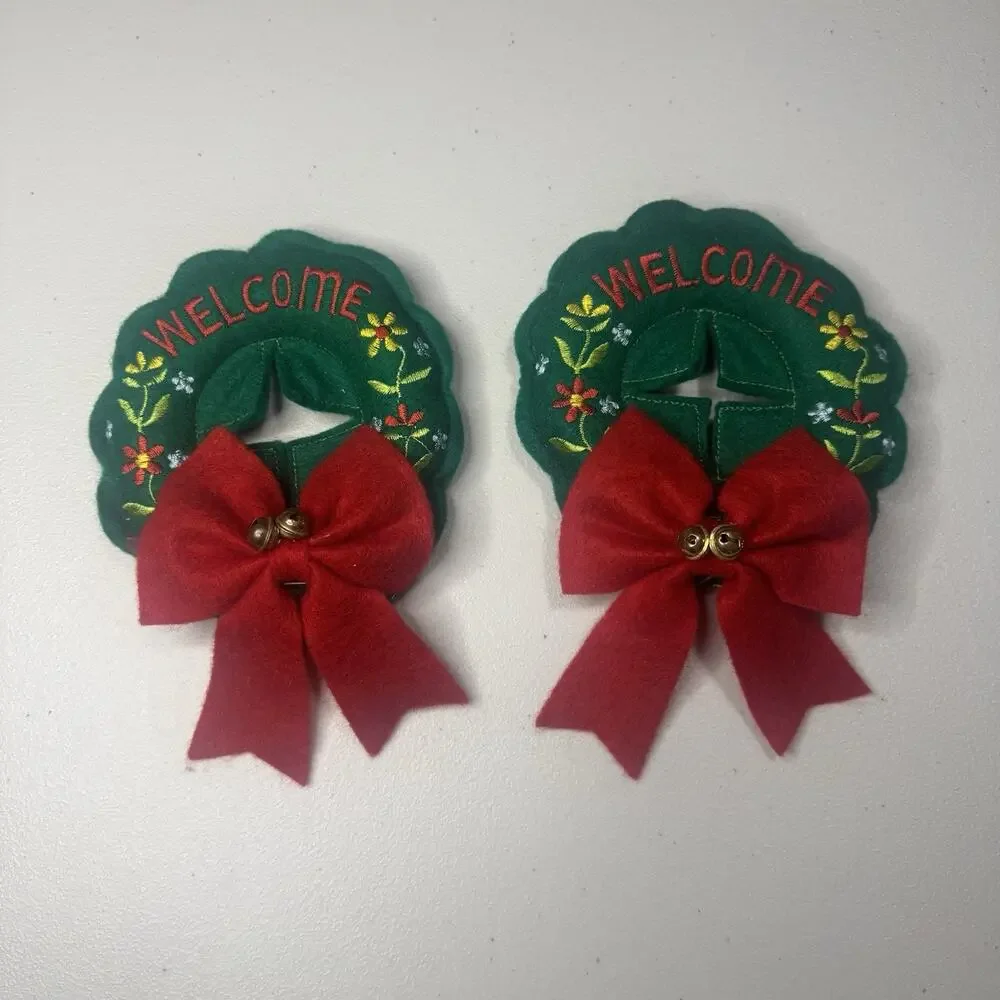 Vintage 2 Christmas Door Knob Cover Plush Welcome Wreath Embroidered Bells